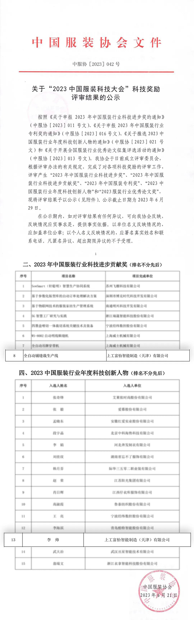 2023年中國服裝行業(yè)科技進步貢獻獎