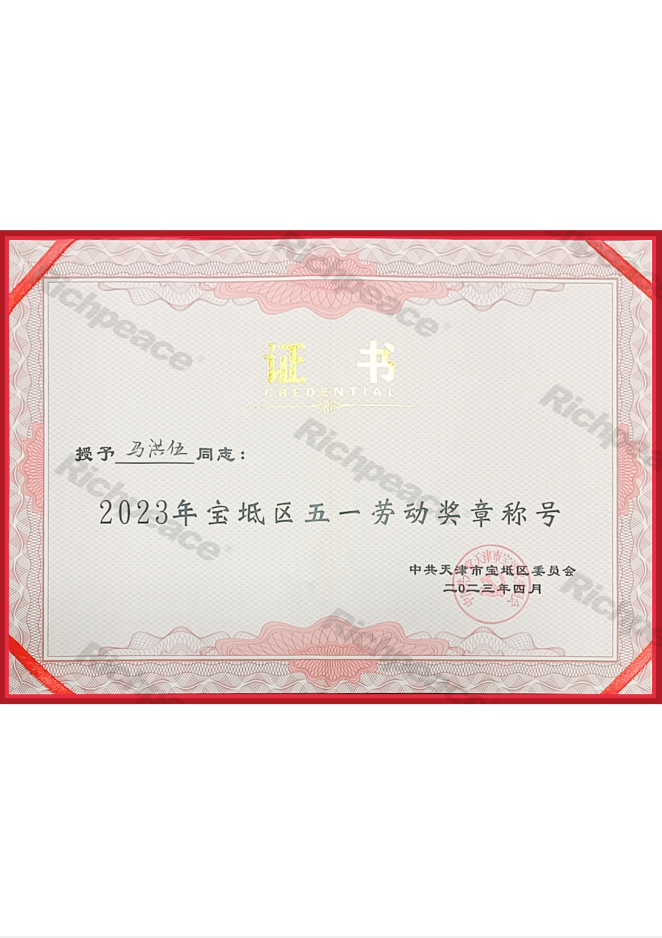 寶坻區(qū)五一勞動(dòng)獎(jiǎng)?wù)路Q(chēng)號(hào)——馬洪伍
